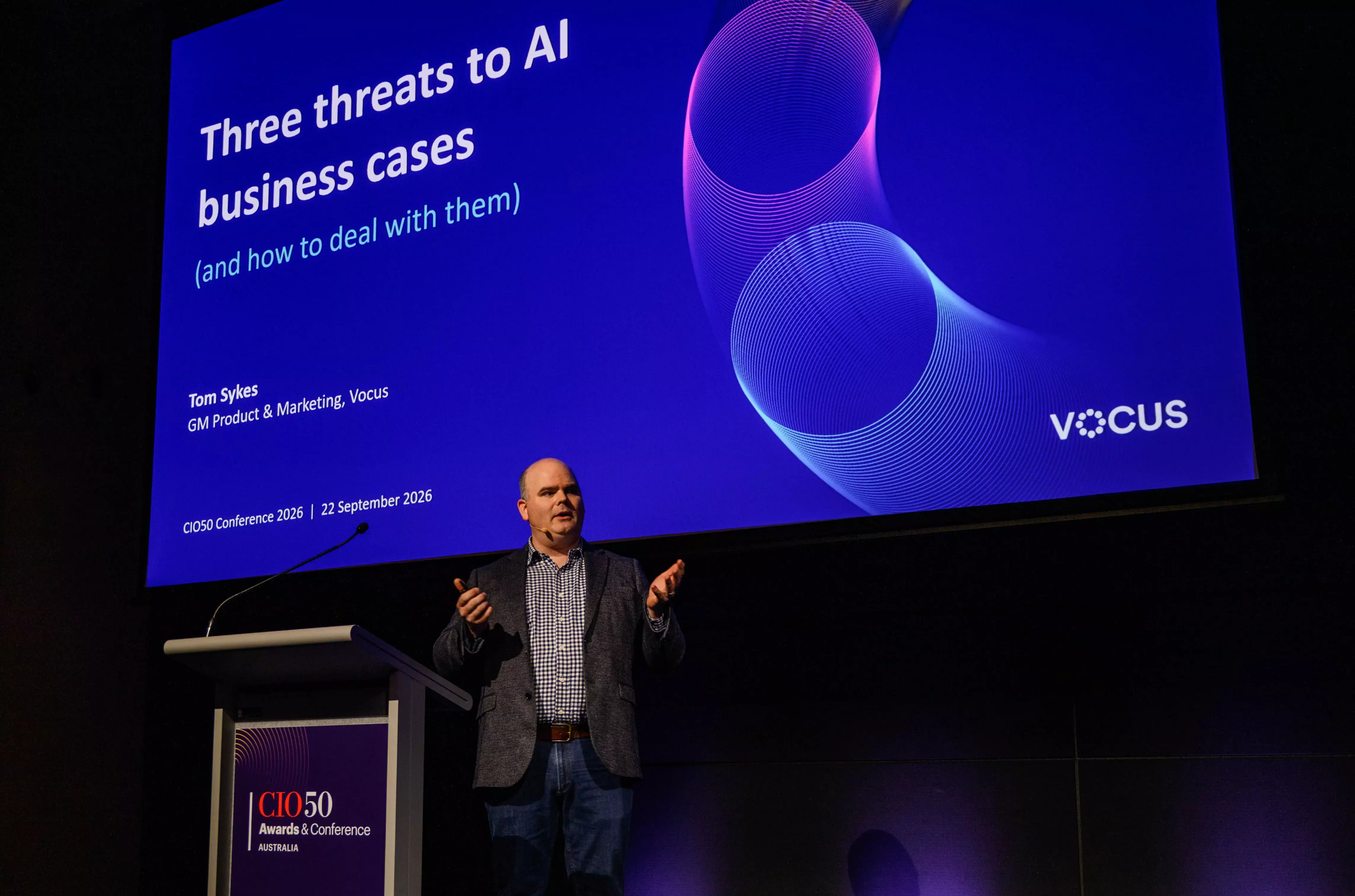 Tom Sykes Vocus GM Product and Marketing speaking at the Foundry CIO50 Conference