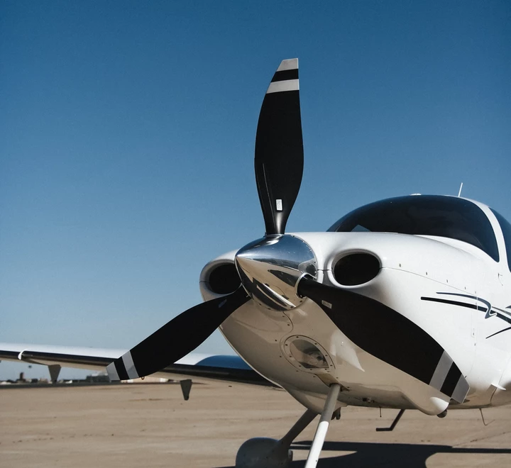 Private airplane, sitting on the tarmac with blue sky in the background. 